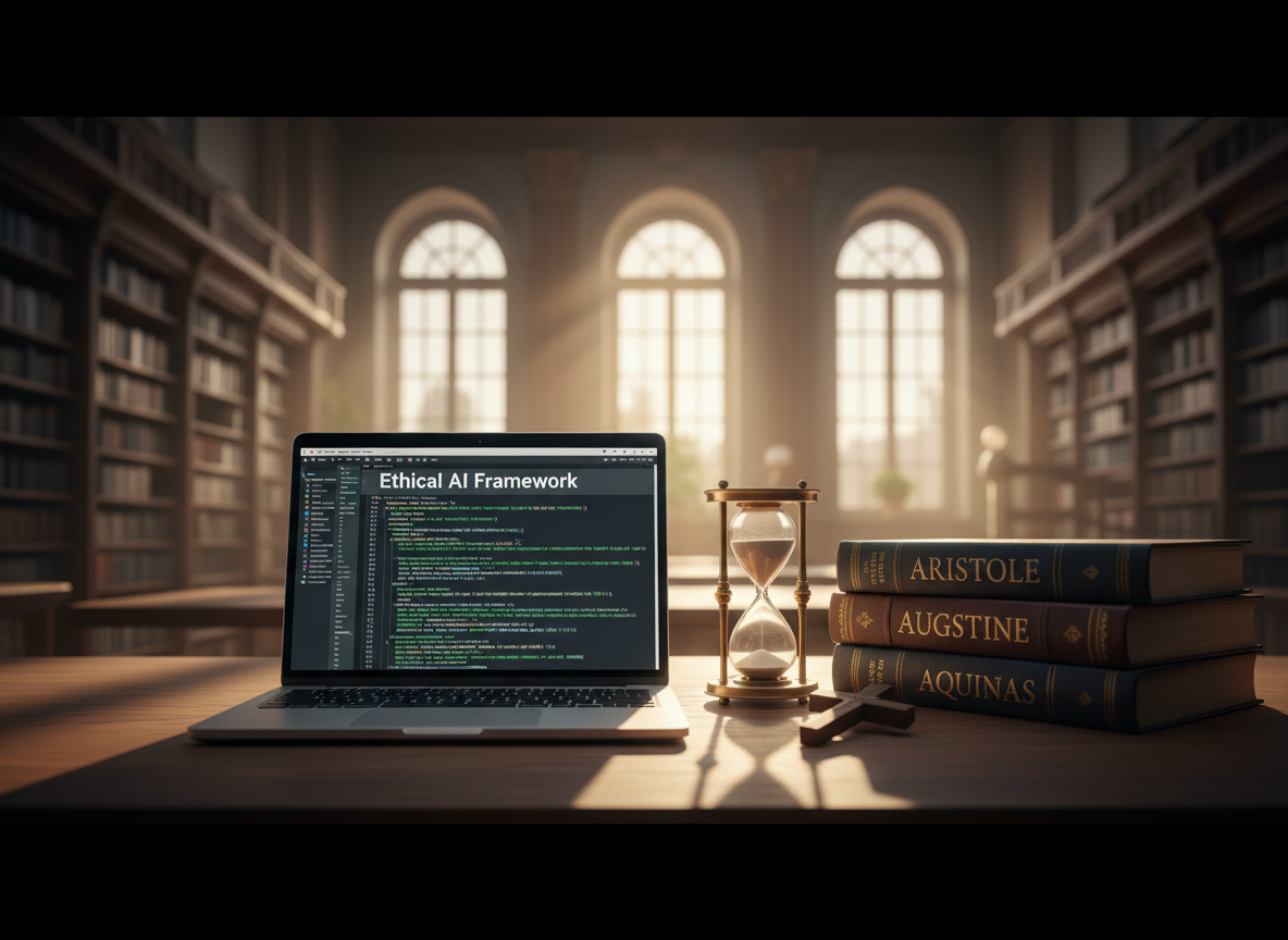 A meticulously arranged study table featuring a sleek, brushed-aluminum laptop displaying lines of clean, well-commented code labeled “Ethical AI Framework” beside a stack of clothbound classics: Aristotle, Augustine, and Aquinas, each with textured spines and gold-foil titles. A simple wooden cross and an antique brass hourglass add symbolic depth. The scene unfolds in a high-ceilinged library with tall arched windows, where late-afternoon golden light streams in, casting long, measured shadows across the table. Captured in cinematic widescreen from a slightly elevated angle, with crisp focus in the foreground and softened bookshelves behind, the mood is thoughtful, serious, and harmoniously balanced between tradition and cutting-edge research.