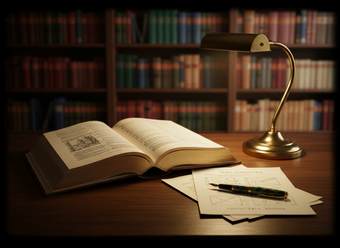 An open, leather-bound classical theology volume with gilded page edges rests on a dark walnut writing desk beside a gently glowing brass desk lamp. A fountain pen with a marbled resin body lies diagonally across crisp, cream-colored notes filled with neat geometric diagrams and Latin headings. In the background, floor-to-ceiling bookshelves packed with richly colored hardcovers blur into soft bokeh. Warm, cinematic key lighting from the lamp pools over the text, leaving the shelves in gentle shadow, creating a contemplative, scholarly mood. Shot at eye level with a shallow depth of field and a subtle vignette, the composition feels refined, dignified, and intellectually serious, embodying classical education and rigorous study.