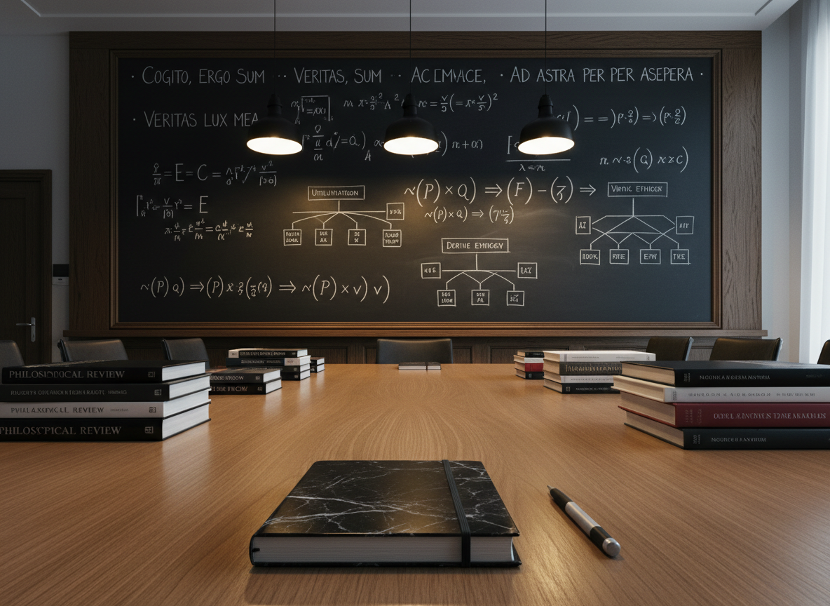 An elegant chalkboard framed in dark oak dominates a seminar room wall, filled with meticulously written Latin phrases, symbolic logic notations, and ethical decision trees drawn in fine white chalk. Below, a long, polished oak table holds orderly stacks of research journals, a black marble notebook, and a precise mechanical pencil aligned parallel to the table’s edge. Overhead, soft pendant lights cast a warm, focused glow, while cooler ambient light from unseen windows adds subtle contrast. Shot from a low, cinematic angle toward the board, with the table leading the eye into the composition, the atmosphere feels disciplined, rigorous, and quietly intense, perfectly capturing the fusion of classical formation and analytical thought.